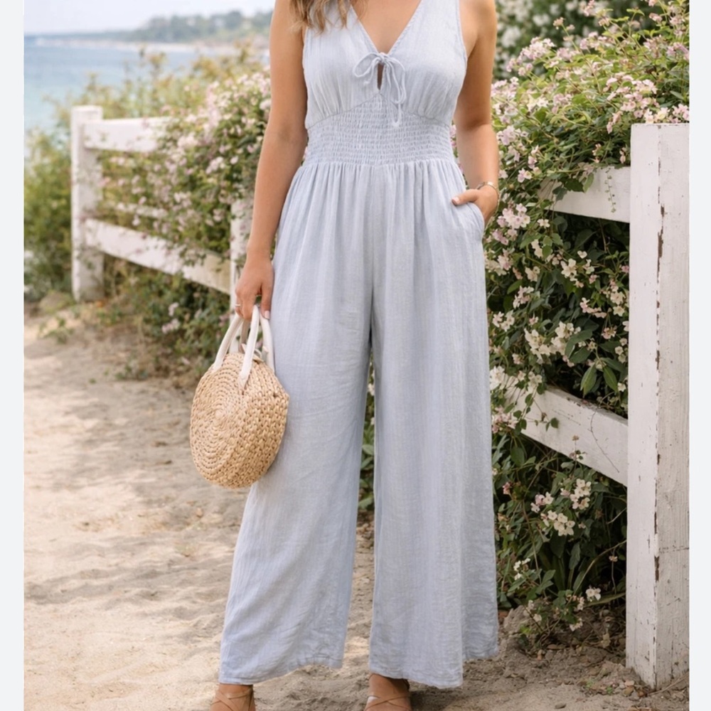 American Eagle Outfitters Pinstripe Super Wide Leg Light Gray Smocked Jumpsuit